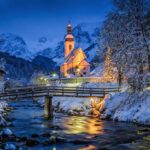 Church of Ramsau in winter twilight, Bavaria, Germany